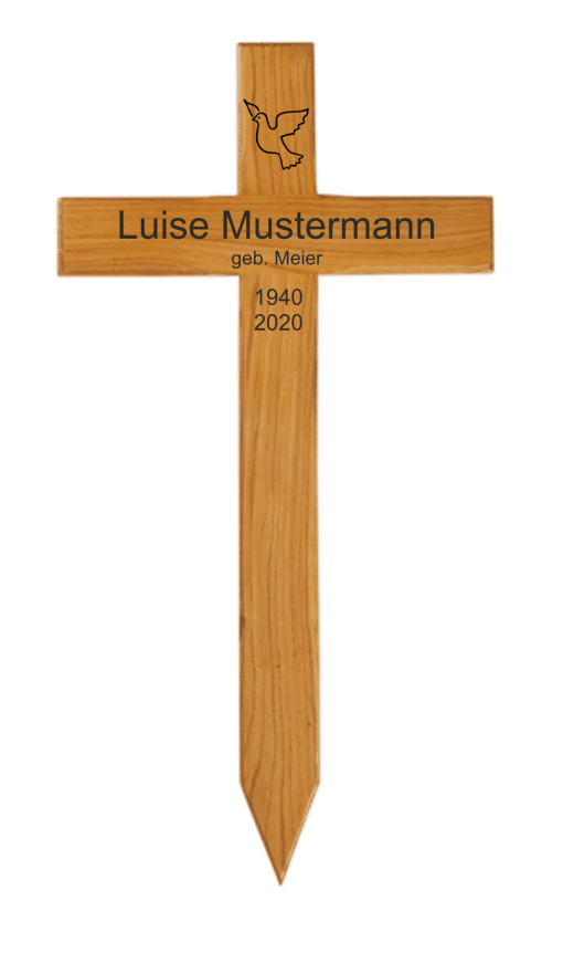 Holzkreuz mit Text und Taube